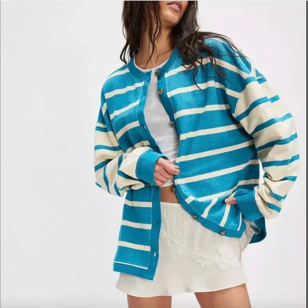 Free People Teal Blue Cream Striped Button Front Cardigan Sweatshirt Large L NEW